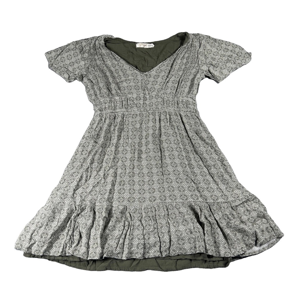 Rewind Boho Whimsy Flare Ruffle Cap Sleeves V-neck Green Geometric M Dress Cute